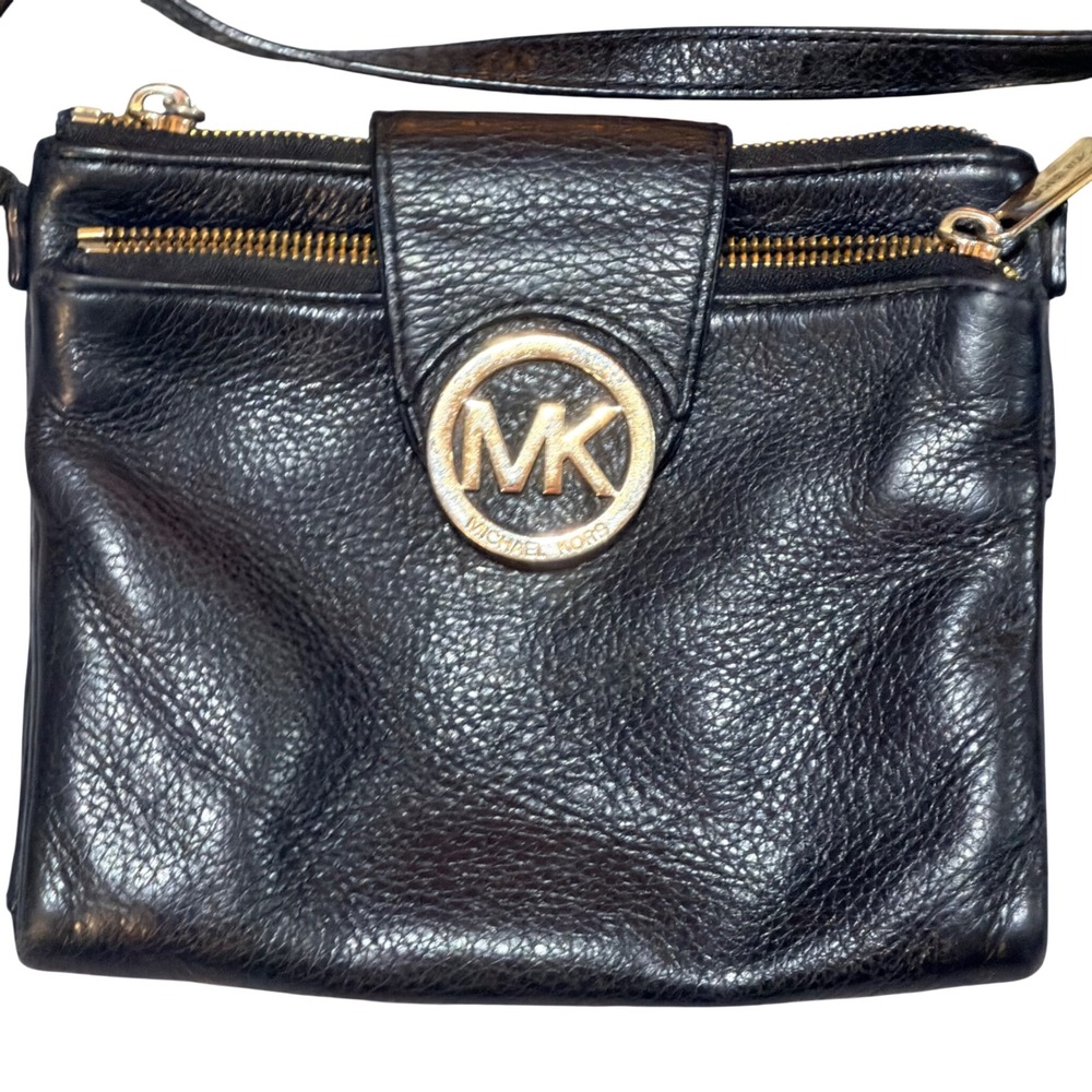 Michael Kors Crossbody Bag Womens Black Pebbled Leather Gold Hardware Minimalist